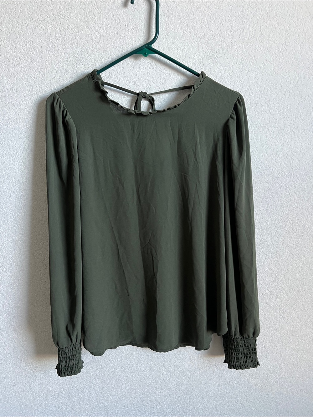 LOFT Olive Green Long Sleeve Ruffle Neck Blouse, dainty minimalist